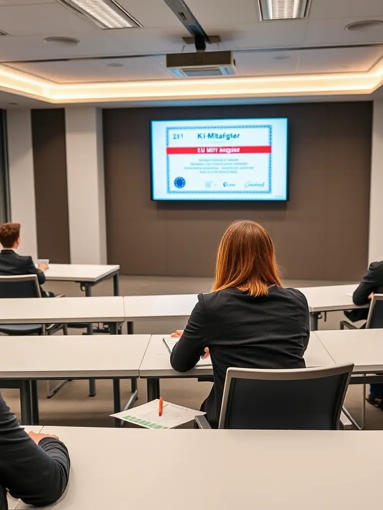 A professional is attending a KI-Mitarbeiter course, focusing on the EU-KI-Verordnung certificate, in a modern, well-lit classroom setting.