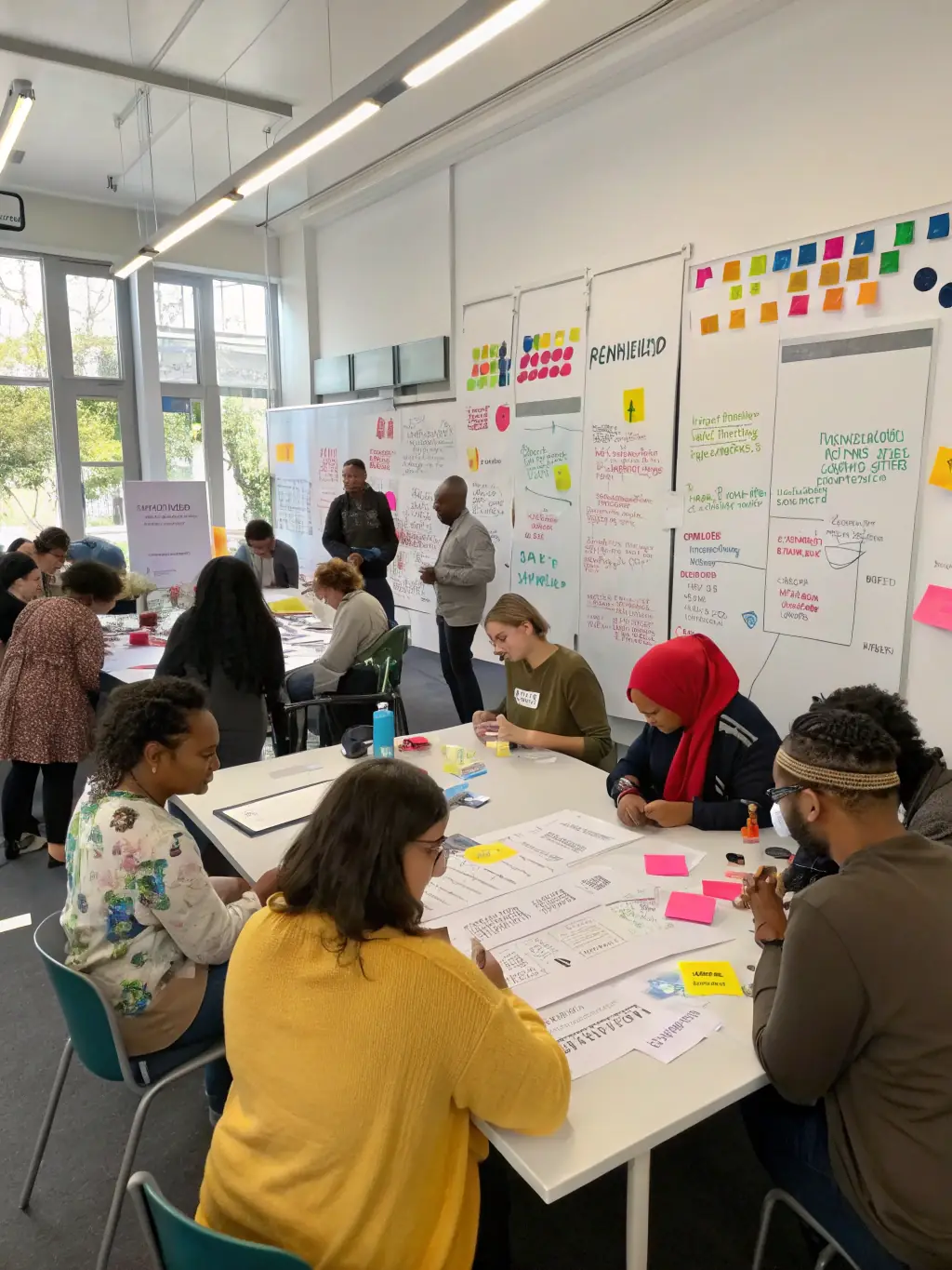 Participants are actively involved in a KI-Workshops session, brainstorming and collaborating on potential AI solutions for their business challenges.