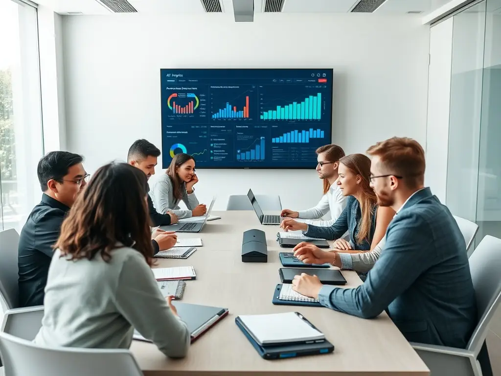 A team of managers are collaborating on AI strategy in a conference room, focusing on strategic decision-making in the field of AI.