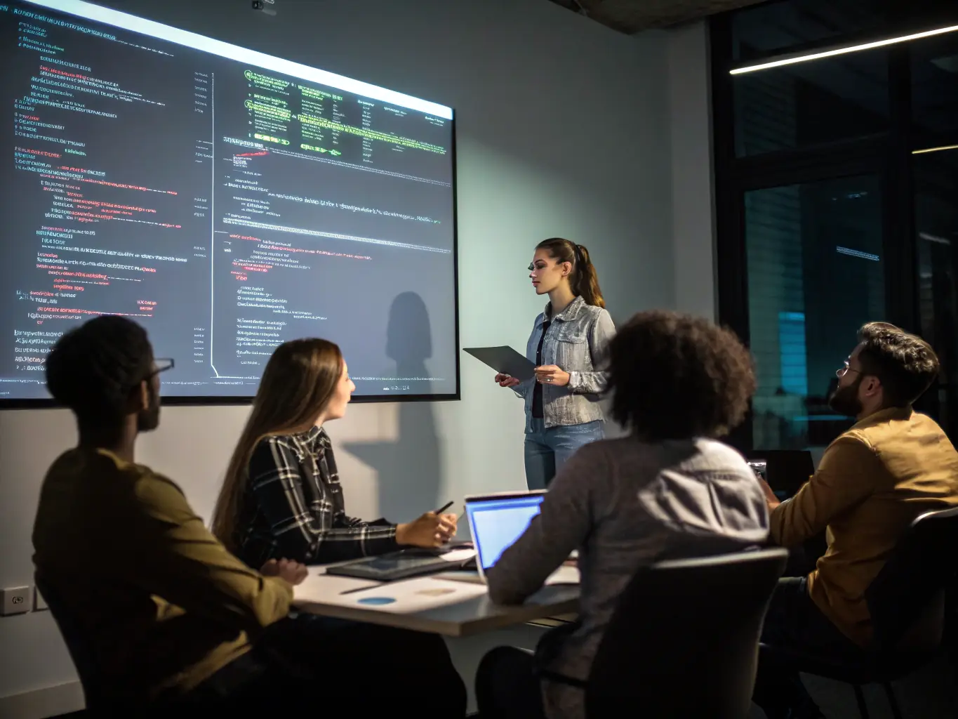 A professional is teaching a group of employees about AI on a large screen in a modern office setting, emphasizing the practical application of AI in business.
