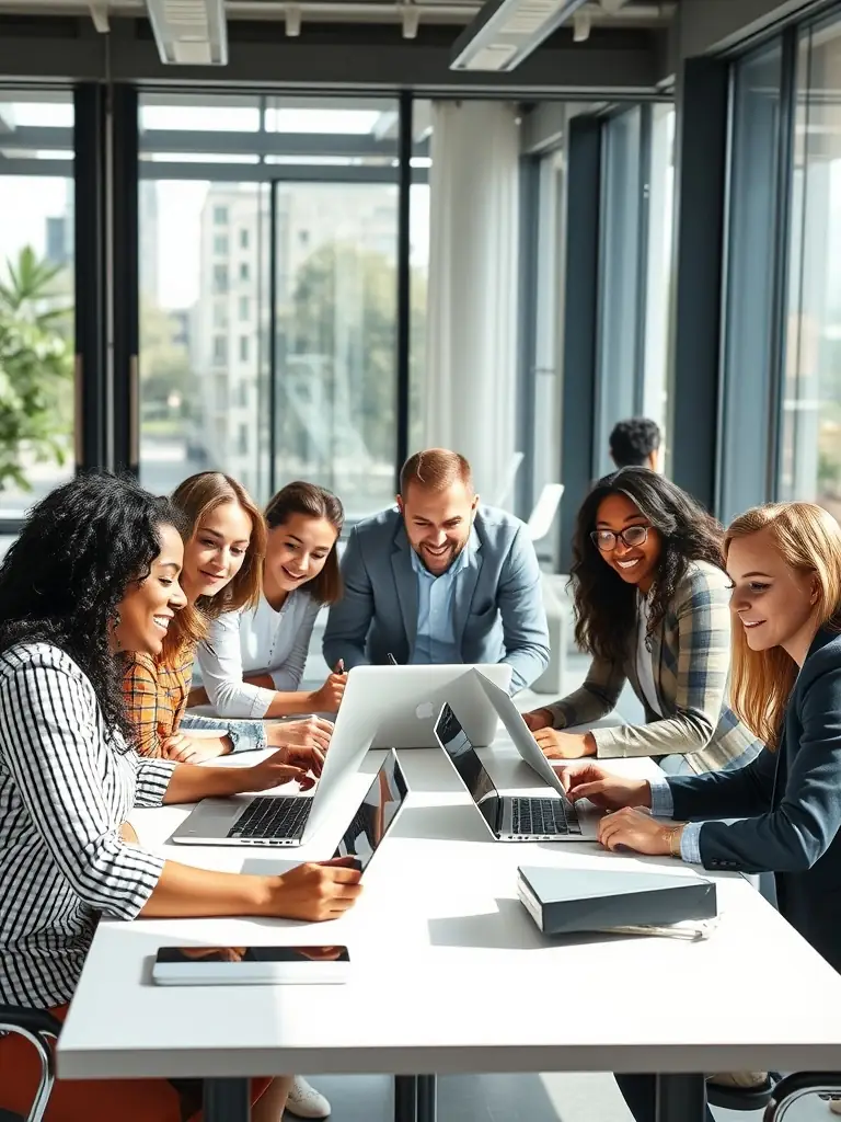 A manager is participating in a KI-Manager course, engaging in a strategic planning session with colleagues around a table, discussing AI implementation.
